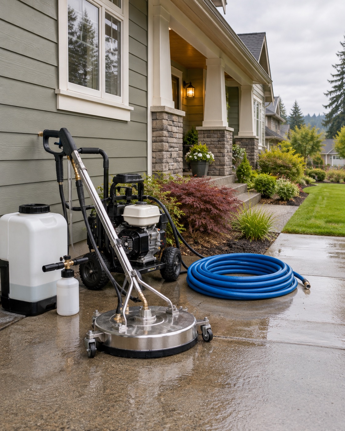 Neatly arranged exterior cleaning equipment next to a clean craftsman home