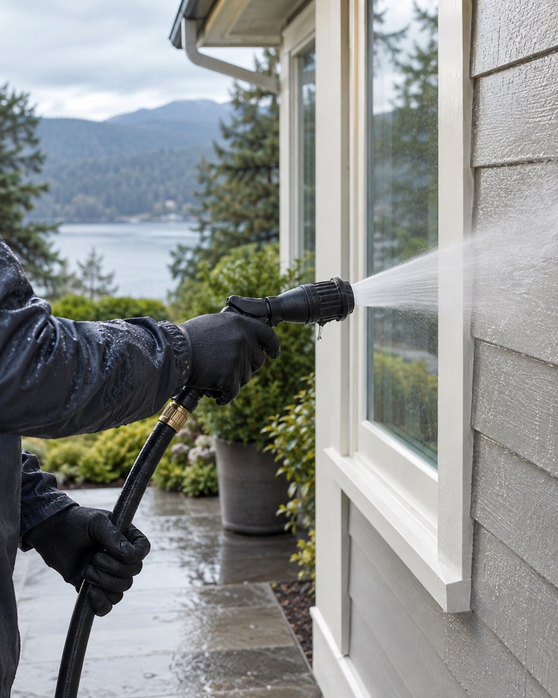 Gloved hands handling an exterior cleaning hose without a visible face