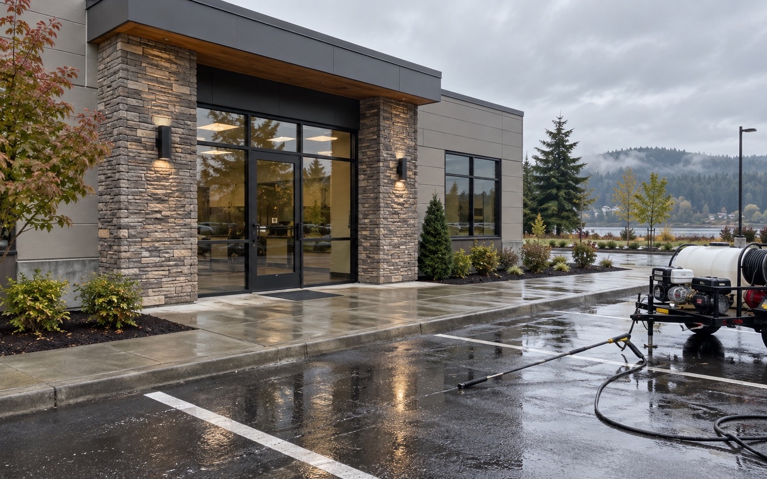 Photograph of commercial pressure washing work on an exterior surface in southwest Washington
