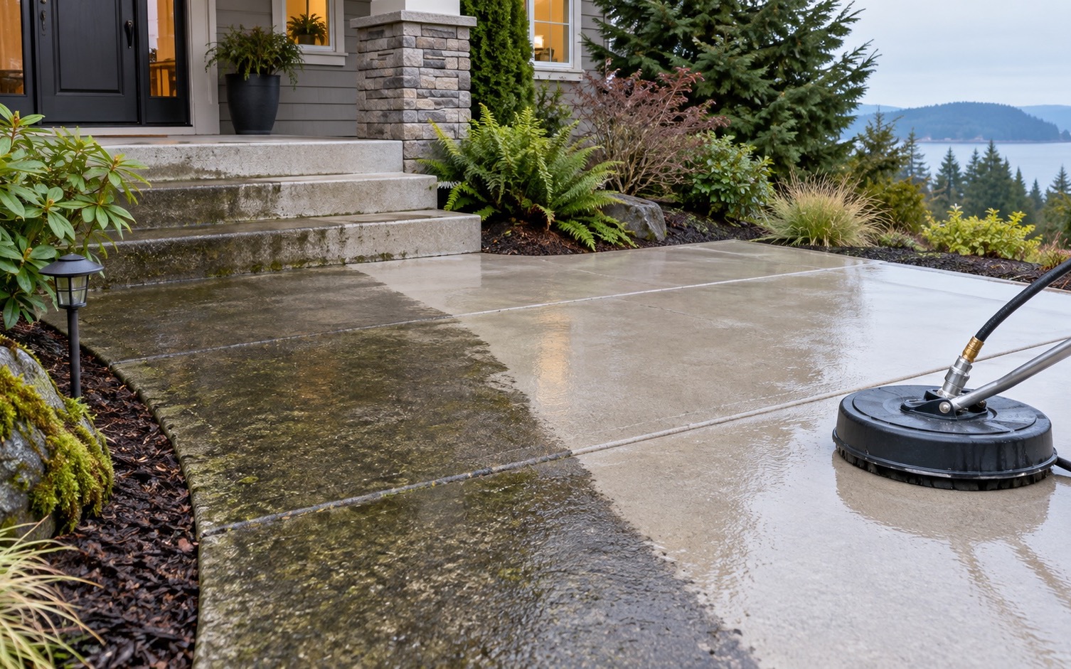Photograph of concrete cleaning work on an exterior surface in southwest Washington