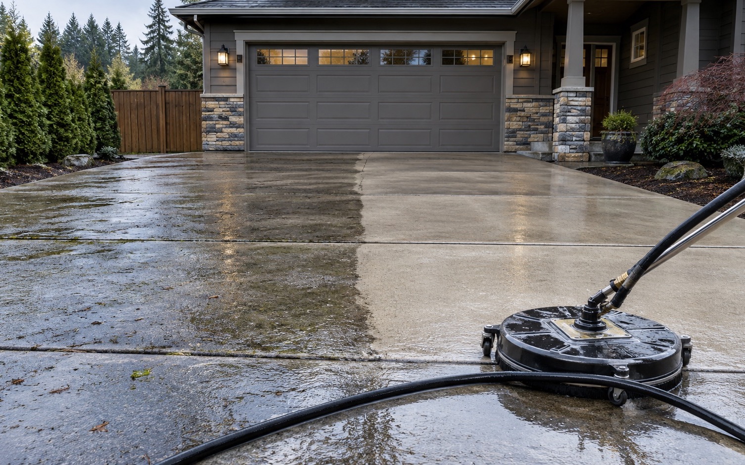 Photograph of driveway pressure washing work on an exterior surface in southwest Washington