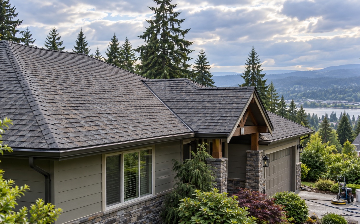 Photograph of roof cleaning work on an exterior surface in southwest Washington