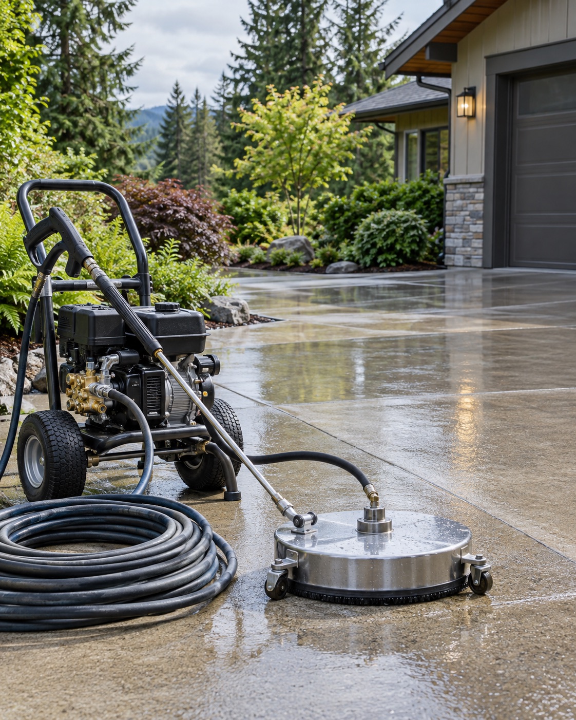 Pressure washing equipment beside a clean driveway at a Northwest home