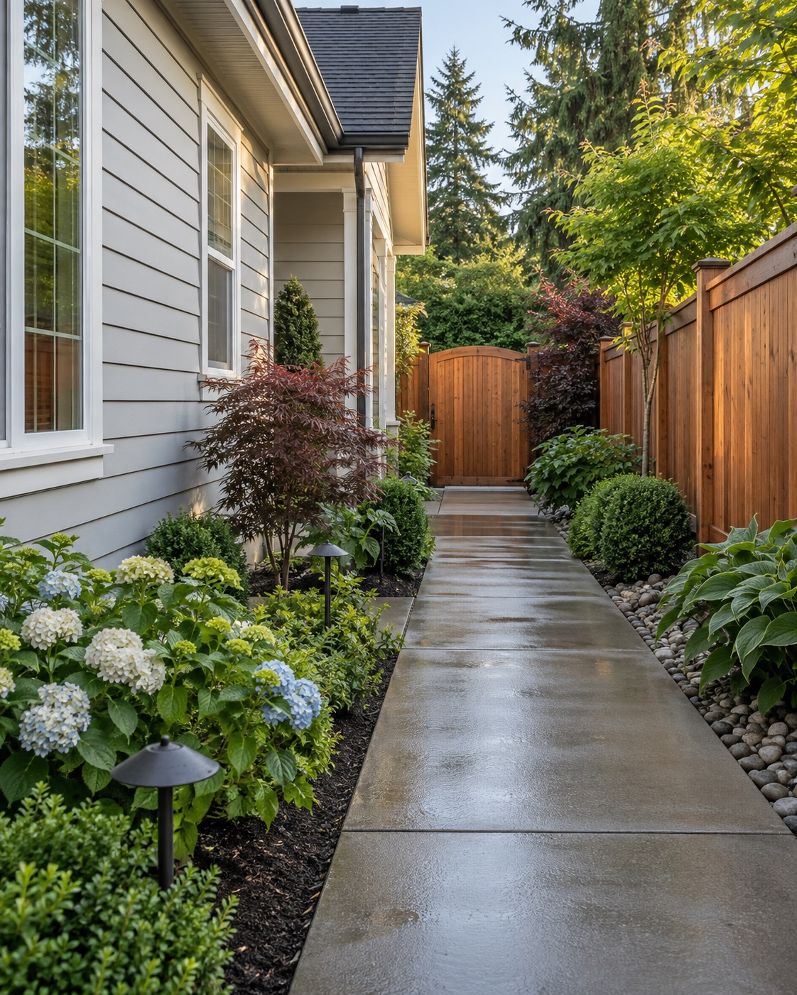 Clean home siding, concrete path, and fence in a green Northwest yard